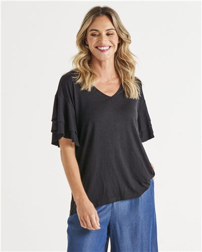 Betty Basics - Ripon Top Frill Sleeve - Blk