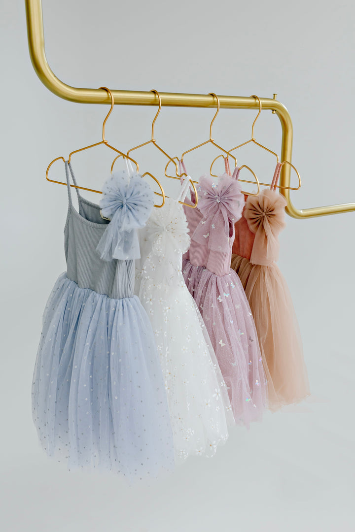 Close view of the Golden Daisies tulle skirt and golden daisy detail