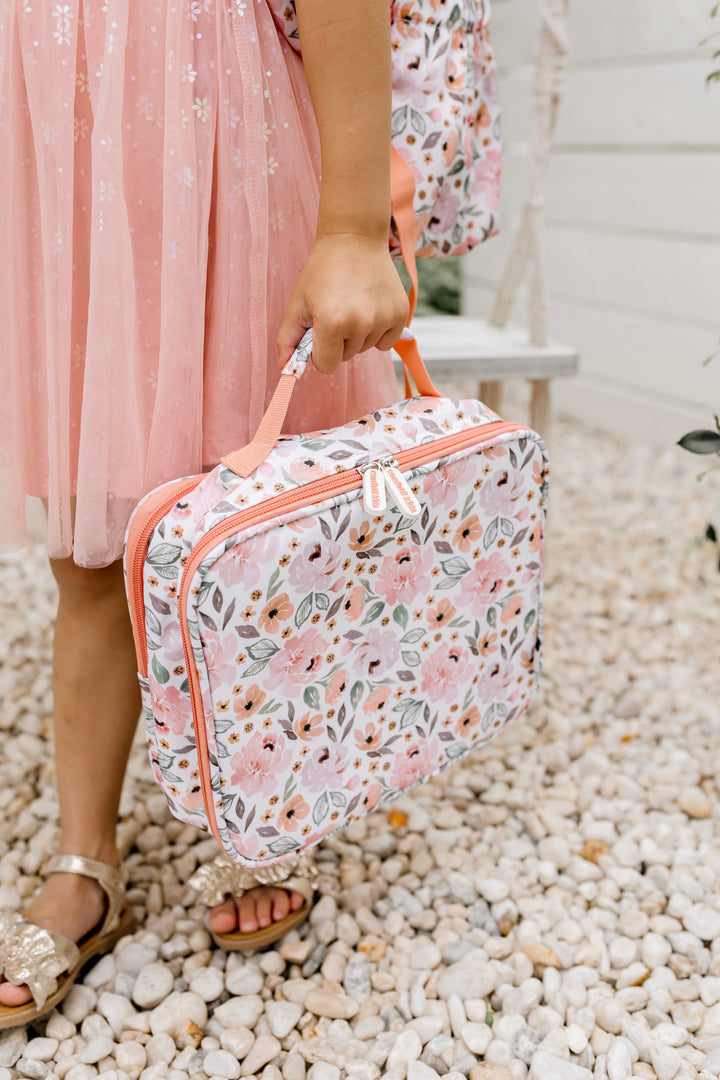Confetti Kidz Early Years Backpack in Peach Blossom, shown with the matching lunch bag (lunch bag not included)