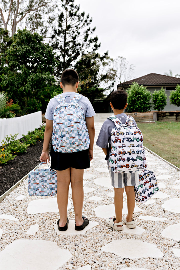 Confetti Kidz Junior Backpack in Farmyard Fun, shown with the matching lunch bag (lunch bag not included)