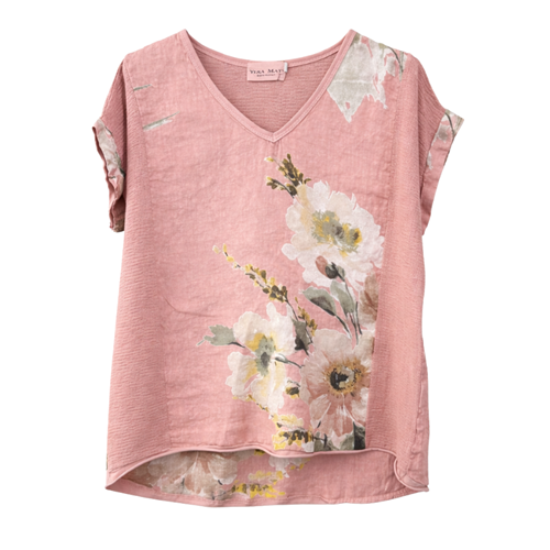 Vera May - Italian Floral V Linen Top - Blush