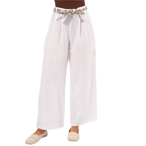 Vera May - Italian Linen Pants- Leopard Belt -White