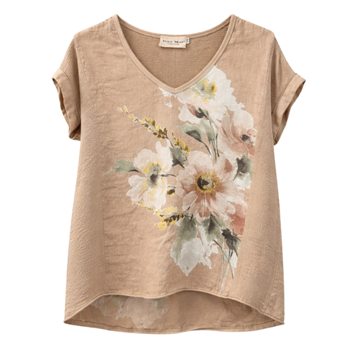 Vera May - Italian Floral V Linen Top - Camel