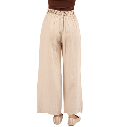 Vera May - Italian Linen Pants- Leopard Belt -Beige