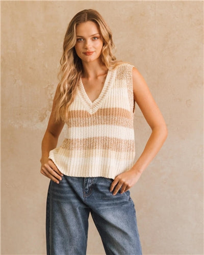 Ebby And I - Striped Knit Vest - Beige