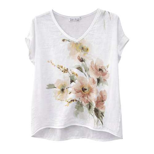 Vera May - Italian Floral V Linen Top - White