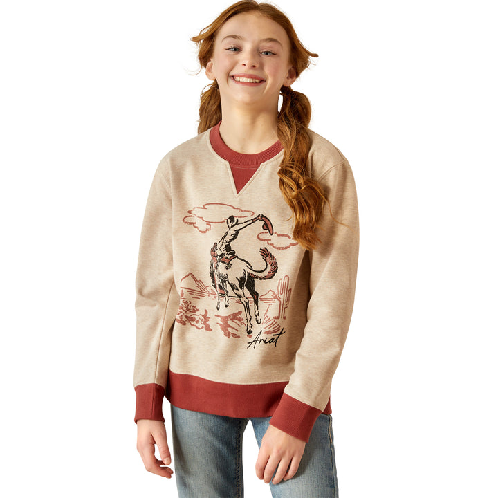Ariat Bronc Junior Sweatshirt in Oatmeal Heather/Marsala, photo 1 of 5