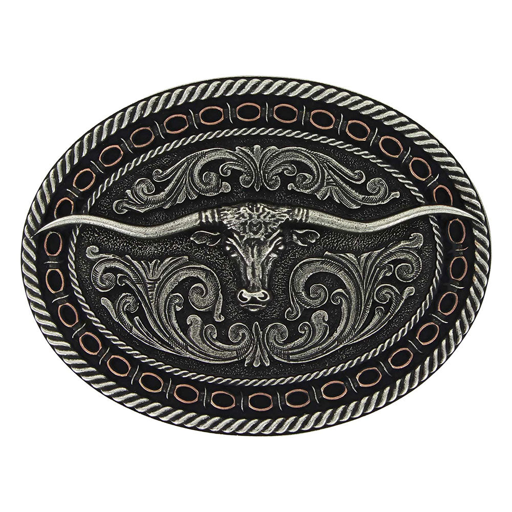 Montana Silversmiths Two Tone Antiqued Round Barbed Longhorn Attitude Buckle, photo 2 of 2