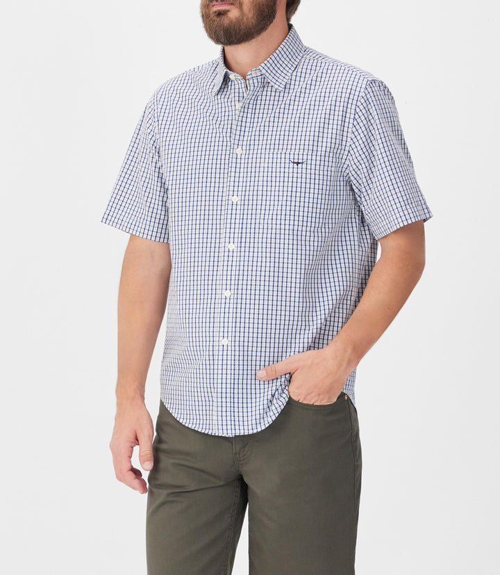 R.M.Williams Augusta Poplin SS Shirt - White/Blue