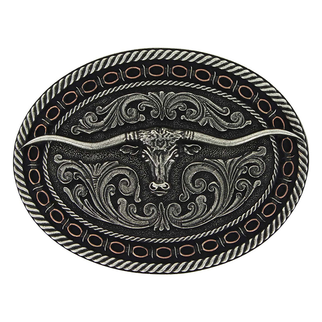 Montana Silversmiths Two Tone Antiqued Round Barbed Longhorn Attitude Buckle, photo 1 of 2