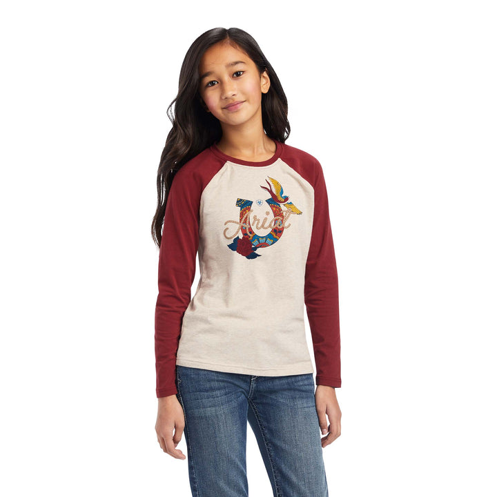 Ariat Real Ropey Rose Long Sleeve T-Shirt in Oatmeal Heather/Rouge Red, photo 1 of 3