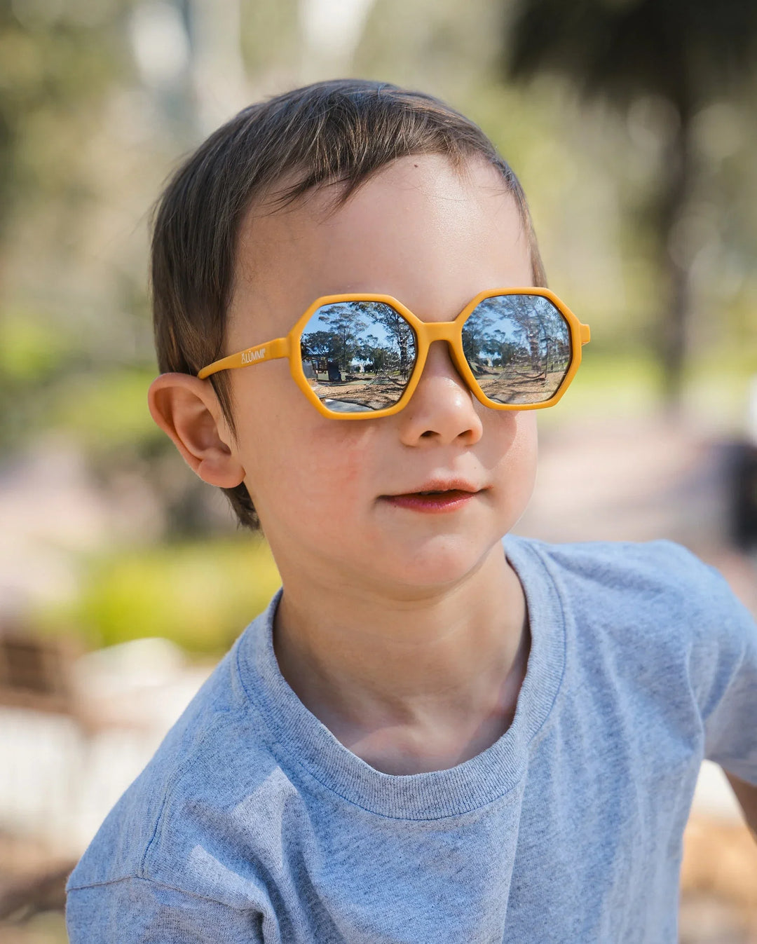 Lummi Bunny Mirror Hexagon Kids Sunglasses in Mustard, view 3