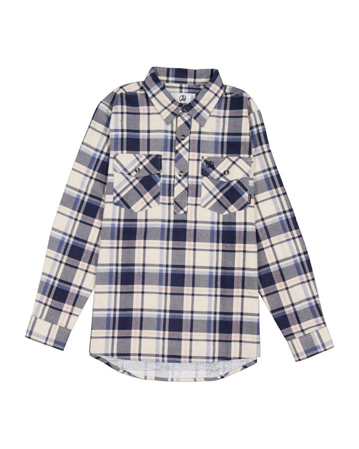 Swanndri Kids Egmont Half Placket Flanno in Biscuit Navy, front
