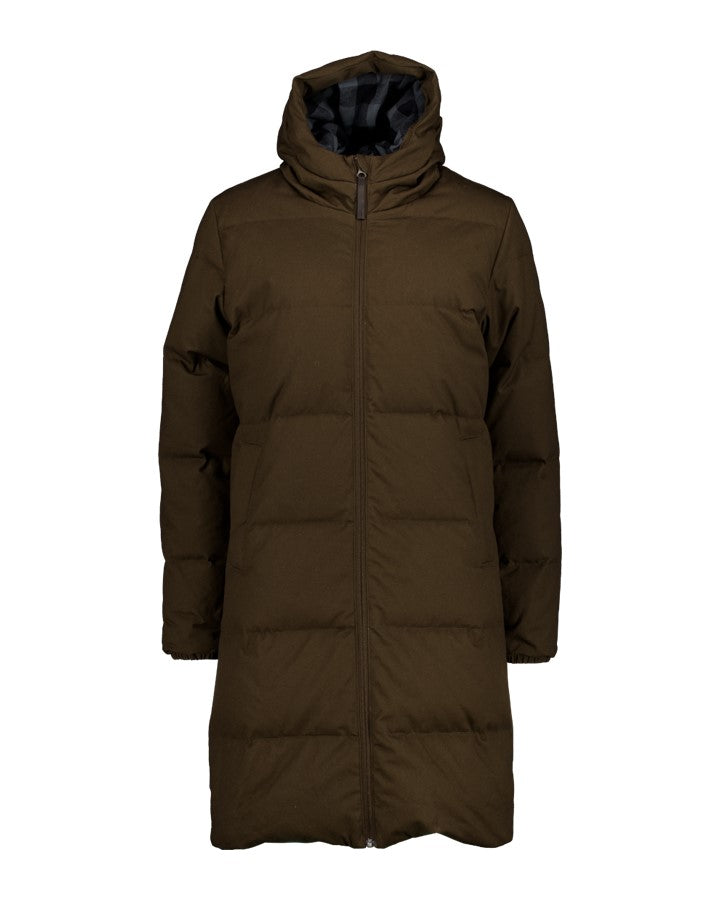 Swanndri Nimbus Longline Down Coat in Espresso, front